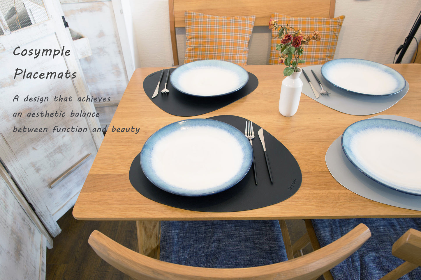 Cosymple Pebble Placemats Made by Waterproof Black Faux Leather Set of 2